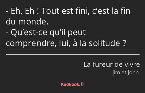 Eh, Eh ! Tout est fini, c’est la fin du monde. Qu’est-ce qu’il peut comprendre, lui, à la solitude ?