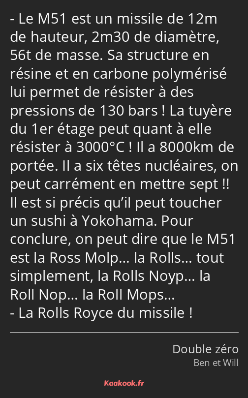 Le M51 est un missile de 12m de hauteur, 2m30 de diamètre, 56t de masse. Sa structure en résine et…