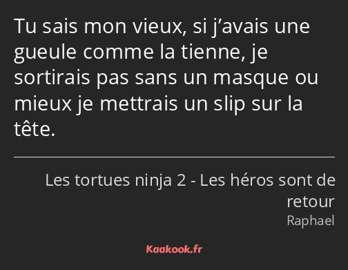 Tu sais mon vieux, si j’avais une gueule comme la tienne, je sortirais pas sans un masque ou mieux…