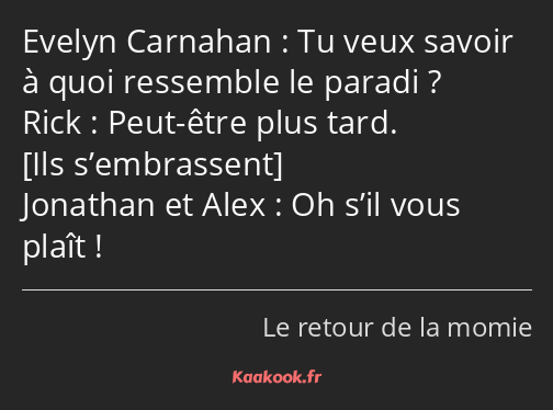 Tu veux savoir à quoi ressemble le paradi ? Peut-être plus tard. Oh s’il vous plaît !