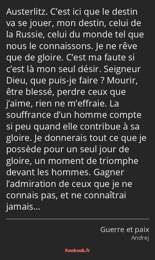 Austerlitz. C’est ici que le destin va se jouer, mon destin, celui de la Russie, celui du monde tel…