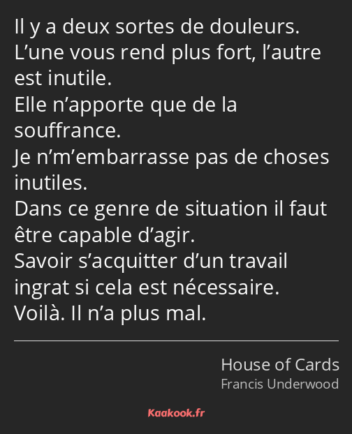 Il y a deux sortes de douleurs. L’une vous rend plus fort, l’autre est inutile. Elle n’apporte que…