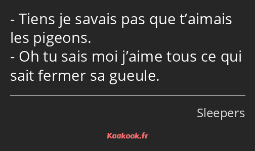 Tiens je savais pas que t’aimais les pigeons. Oh tu sais moi j’aime tous ce qui sait fermer sa…