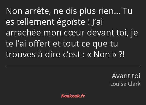 Non arrête, ne dis plus rien… Tu es tellement égoïste ! J’ai arrachée mon cœur devant toi, je te…