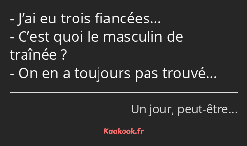 J’ai eu trois fiancées… C’est quoi le masculin de traînée ? On en a toujours pas trouvé…