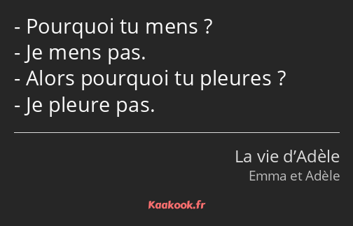 Pourquoi tu mens ? Je mens pas. Alors pourquoi tu pleures ? Je pleure pas.