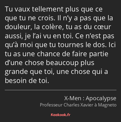 Tu vaux tellement plus que ce que tu ne crois. Il n’y a pas que la douleur, la colère, tu as du…