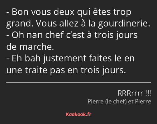 Bon vous deux qui êtes trop grand. Vous allez à la gourdinerie. Oh nan chef c’est à trois jours de…