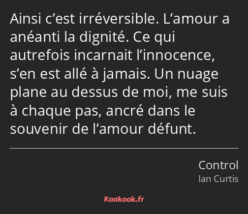 Ainsi c’est irréversible. L’amour a anéanti la dignité. Ce qui autrefois incarnait l’innocence…