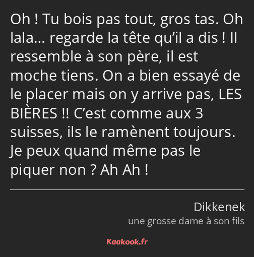 Oh ! Tu bois pas tout, gros tas. Oh lala… regarde la tête qu’il a dis ! Il ressemble à son père, il…