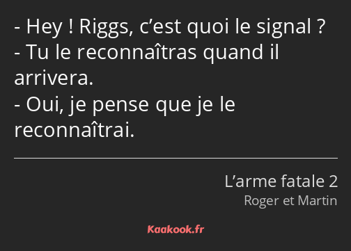 Hey ! Riggs, c’est quoi le signal ? Tu le reconnaîtras quand il arrivera. Oui, je pense que je le…