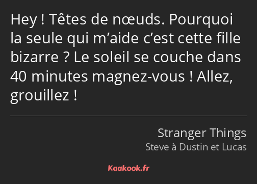 Hey ! Têtes de nœuds. Pourquoi la seule qui m’aide c’est cette fille bizarre ? Le soleil se couche…