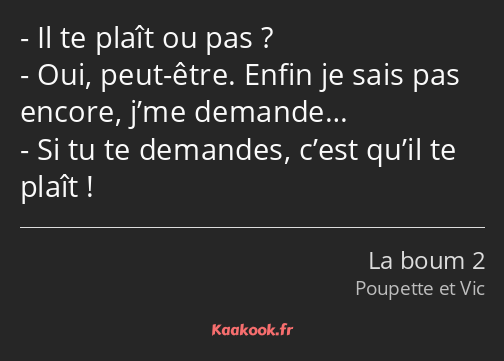 Il te plaît ou pas ? Oui, peut-être. Enfin je sais pas encore, j’me demande… Si tu te demandes…