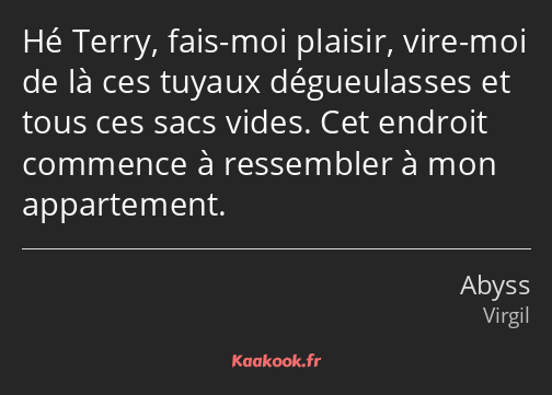 Hé Terry, fais-moi plaisir, vire-moi de là ces tuyaux dégueulasses et tous ces sacs vides. Cet…