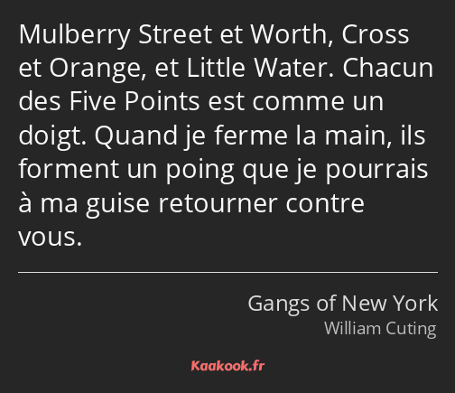 Mulberry Street et Worth, Cross et Orange, et Little Water. Chacun des Five Points est comme un…