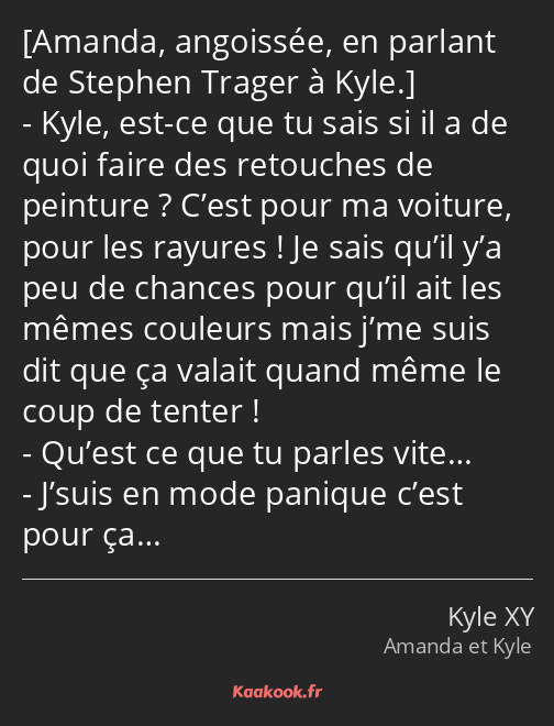  Kyle, est-ce que tu sais si il a de quoi faire des retouches de peinture ? C’est pour ma voiture…