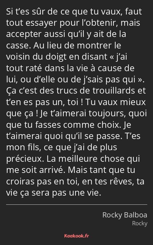 Si t’es sûr de ce que tu vaux, faut tout essayer pour l’obtenir, mais accepter aussi qu’il y ait de…