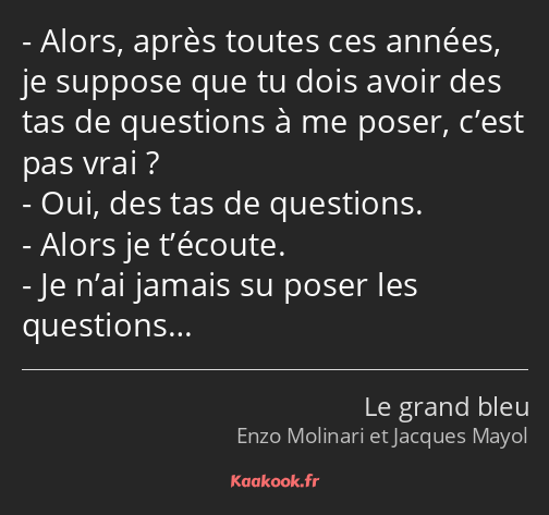 Alors, après toutes ces années, je suppose que tu dois avoir des tas de questions à me poser, c’est…