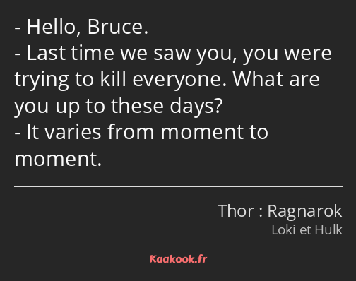 Hello, Bruce. Last time we saw you, you were trying to kill everyone. What are you up to these days…