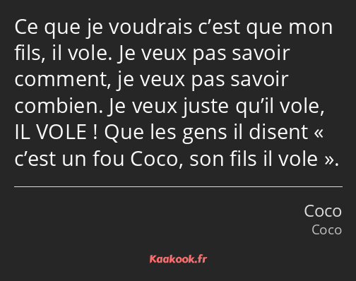 Ce que je voudrais c’est que mon fils, il vole. Je veux pas savoir comment, je veux pas savoir…