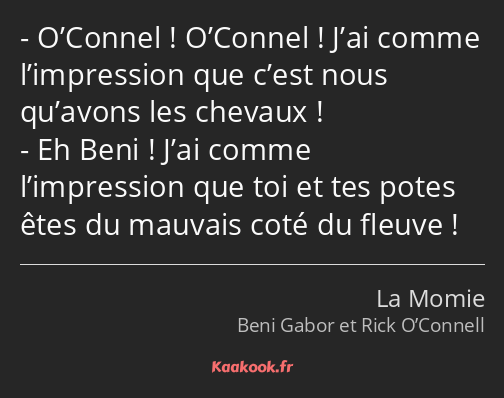 O’Connel ! O’Connel ! J’ai comme l’impression que c’est nous qu’avons les chevaux ! Eh Beni ! J’ai…