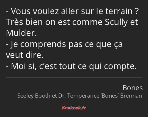 Vous voulez aller sur le terrain ? Très bien on est comme Scully et Mulder. Je comprends pas ce que…