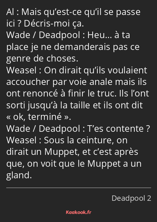 Mais qu’est-ce qu’il se passe ici ? Décris-moi ça. Heu… à ta place je ne demanderais pas ce genre…