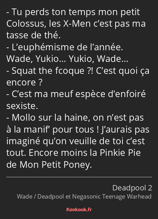 Tu perds ton temps mon petit Colossus, les X-Men c’est pas ma tasse de thé. L’euphémisme de l’année…