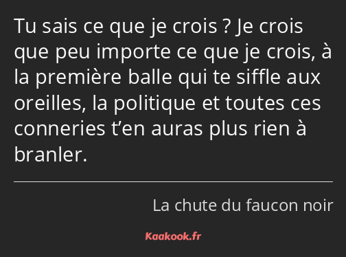 Tu sais ce que je crois ? Je crois que peu importe ce que je crois, à la première balle qui te…