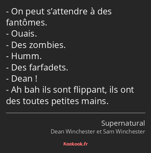 On peut s’attendre à des fantômes. Ouais. Des zombies. Humm. Des farfadets. Dean ! Ah bah ils sont…