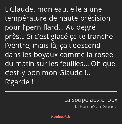 L’Glaude, mon eau, elle a une température de haute précision pour l’perniflard… Au degré près… Si…