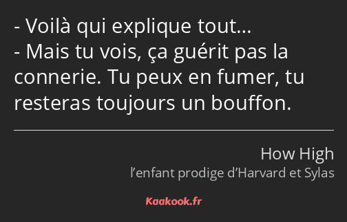 Voilà qui explique tout… Mais tu vois, ça guérit pas la connerie. Tu peux en fumer, tu resteras…