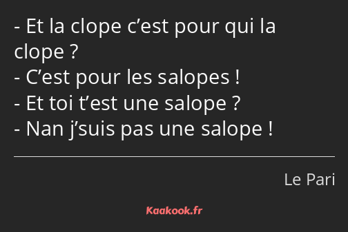 Et la clope c’est pour qui la clope ? C’est pour les salopes ! Et toi t’est une salope ? Nan j’suis…