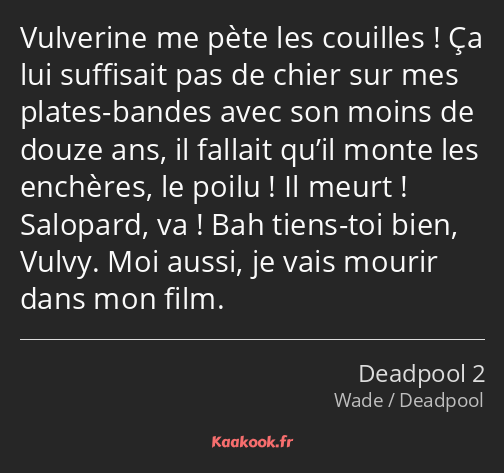 Vulverine me pète les couilles ! Ça lui suffisait pas de chier sur mes plates-bandes avec son moins…