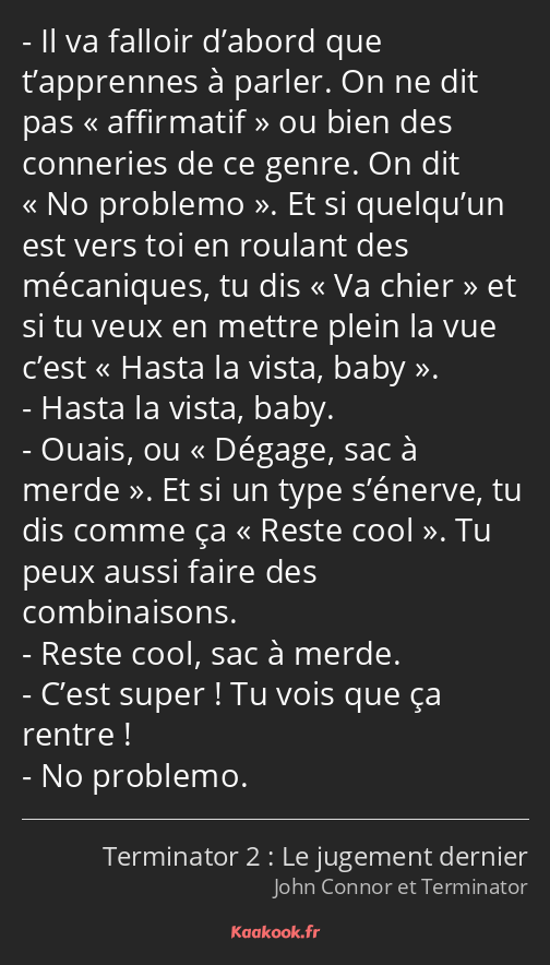 Il va falloir d’abord que t’apprennes à parler. On ne dit pas affirmatif ou bien des conneries de…