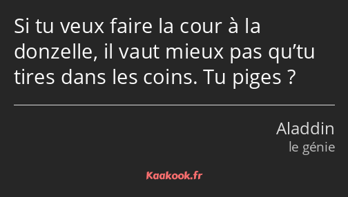 Si tu veux faire la cour à la donzelle, il vaut mieux pas qu’tu tires dans les coins. Tu piges ?