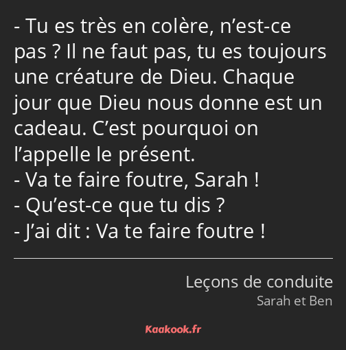 Tu es très en colère, n’est-ce pas ? Il ne faut pas, tu es toujours une créature de Dieu. Chaque…