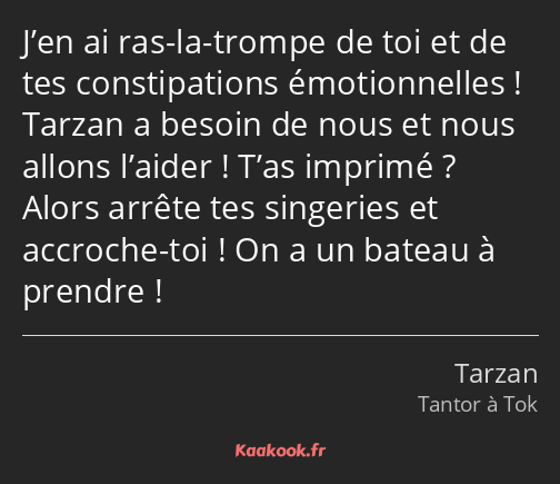 J’en ai ras-la-trompe de toi et de tes constipations émotionnelles ! Tarzan a besoin de nous et…