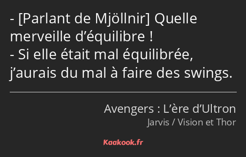  Quelle merveille d’équilibre ! Si elle était mal équilibrée, j’aurais du mal à faire des swings.