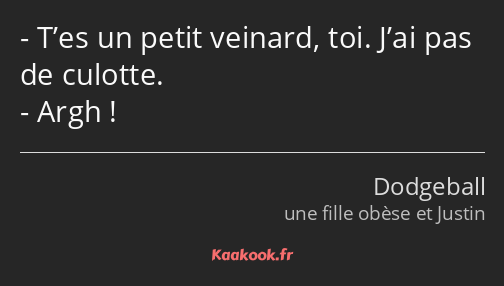 T’es un petit veinard, toi. J’ai pas de culotte. Argh !