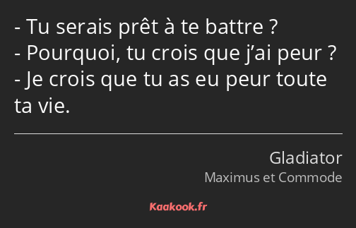 Tu serais prêt à te battre ? Pourquoi, tu crois que j’ai peur ? Je crois que tu as eu peur toute ta…