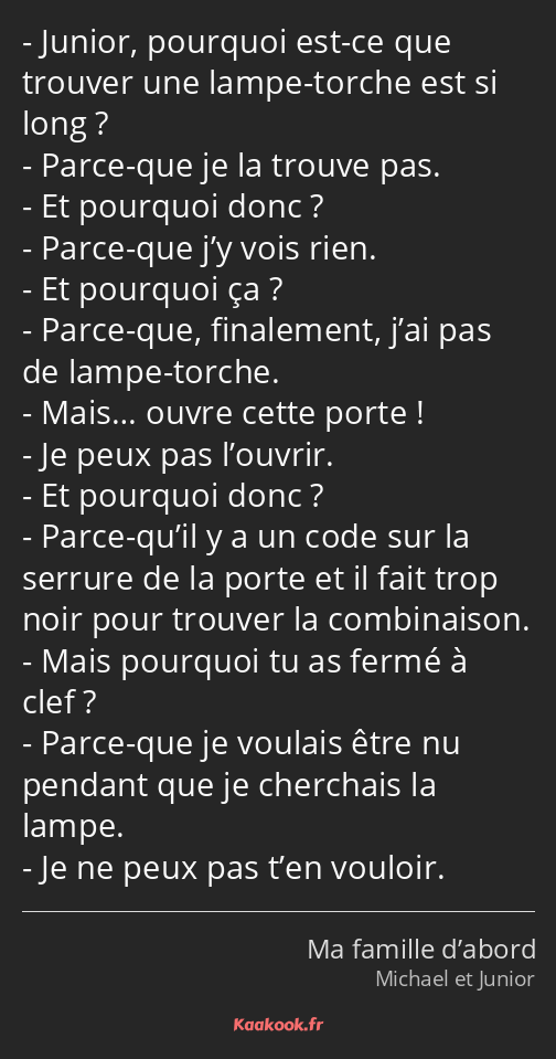 Junior, pourquoi est-ce que trouver une lampe-torche est si long ? Parce-que je la trouve pas. Et…