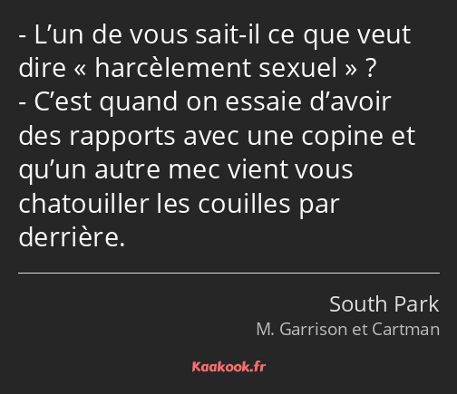 L’un de vous sait-il ce que veut dire harcèlement sexuel ? C’est quand on essaie d’avoir des…