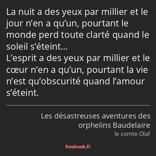 La nuit a des yeux par millier et le jour n’en a qu’un, pourtant le monde perd toute clarté quand…