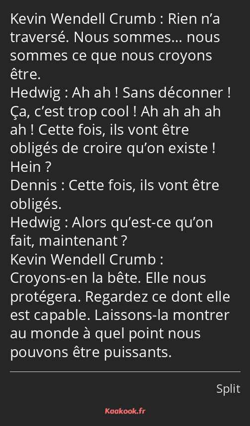 Rien n’a traversé. Nous sommes… nous sommes ce que nous croyons être. Ah ah ! Sans déconner ! Ça…