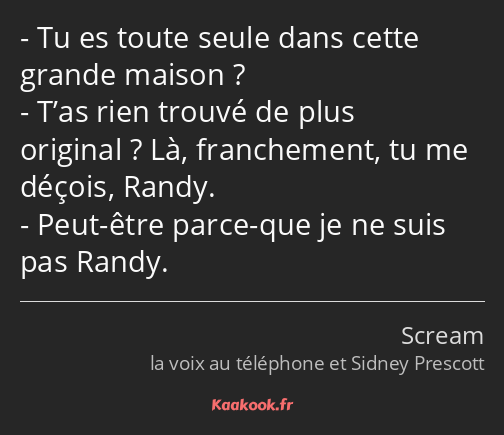 Tu es toute seule dans cette grande maison ? T’as rien trouvé de plus original ? Là, franchement…