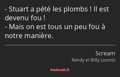 Stuart a pété les plombs ! Il est devenu fou ! Mais on est tous un peu fou à notre manière.