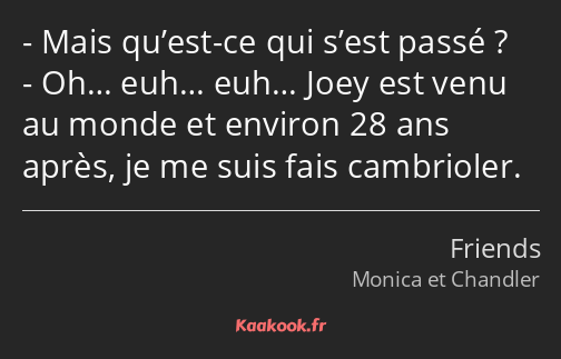 Mais qu’est-ce qui s’est passé ? Oh… euh… euh… Joey est venu au monde et environ 28 ans après, je…