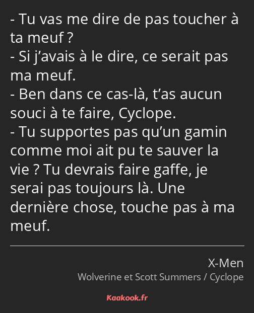 Tu vas me dire de pas toucher à ta meuf ? Si j’avais à le dire, ce serait pas ma meuf. Ben dans ce…