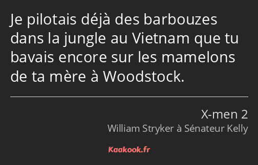 Je pilotais déjà des barbouzes dans la jungle au Vietnam que tu bavais encore sur les mamelons de…